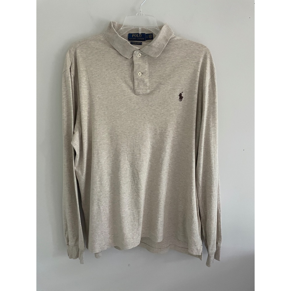 Polo Ralph Lauren Mens Large Custom Slim Fit Long Sleeve Polo Shirt Oatmeal Gray